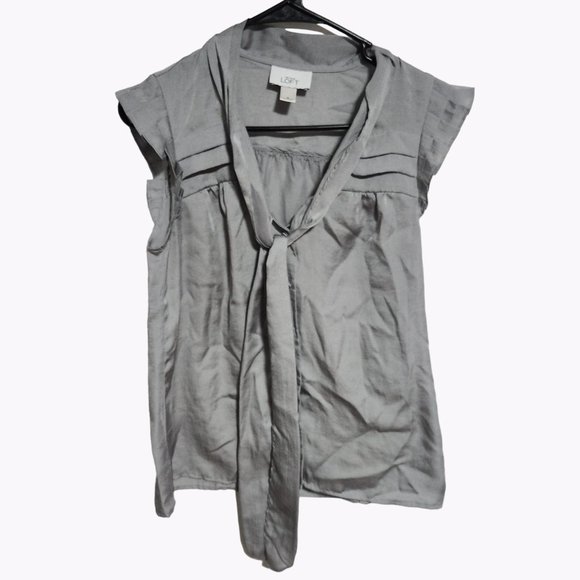 Ann Taylor LOFT Tie Neck Blouse Womens Size Small Gray Cap Sleeve Career Summer - Picture 1 of 4